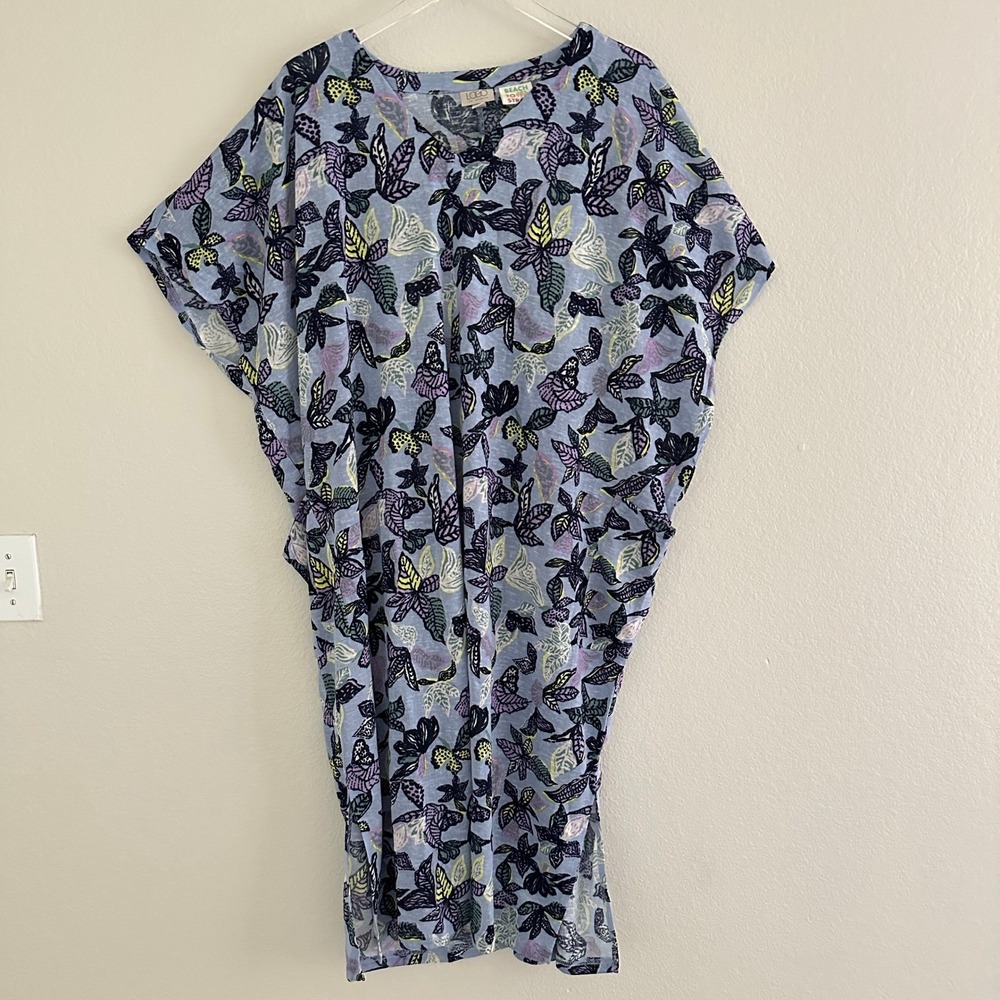 LOGO Lori Goldstein Swim Cover Up Kaftan Dress L Blue Floral Beach to Street